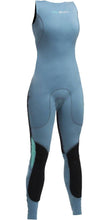 Front view of GUL Women's neoprene long john wetsuit in a pale blue colour. Knee and shins reinforced with black fabric. GUL logo on front near neck.