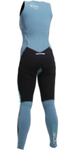 Back view of GUL women's long johns. Pale blue neoprene with back side and upper legs reinforced with black abraision resistant fabric. High neckline and GUL logo on upper back and calf. 